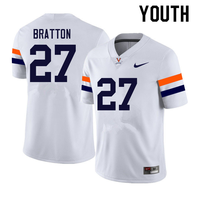Youth #27 KJ Bratton Virginia Cavaliers College Football Jerseys Sale-White - Click Image to Close